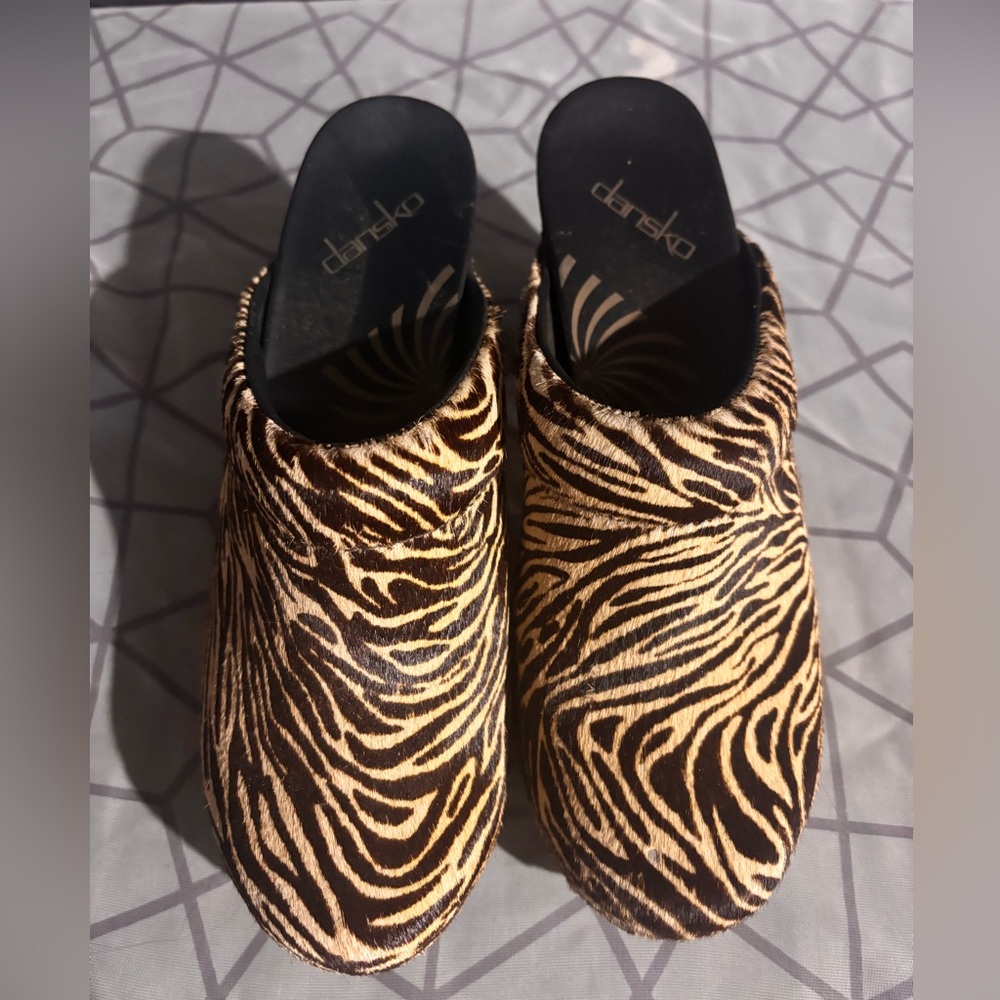 Dansko Zebra Print Mules in Brown and Tan